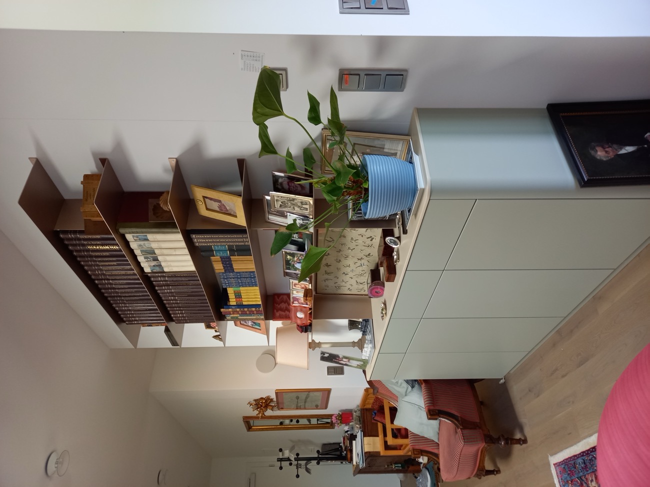 Sideboard mit offenen Regalen und Pflanze